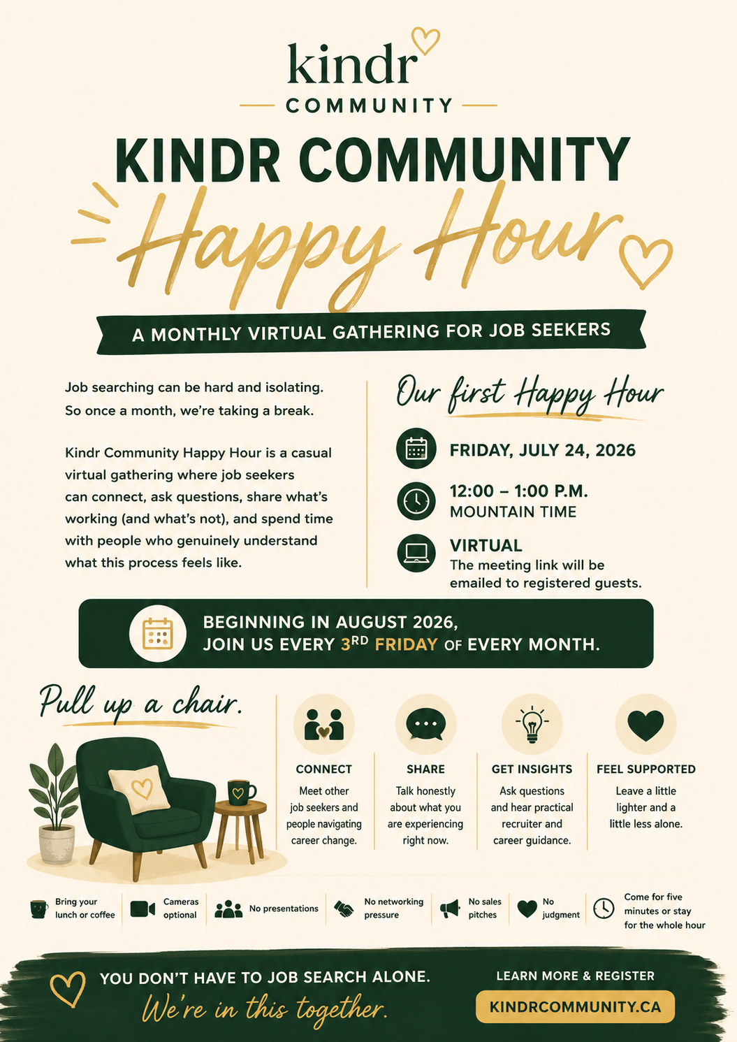 Kindr Community Happy Hour virtual event for job seekers, Friday July 24, 2026 from noon to 1 p.m. Mountain Time.